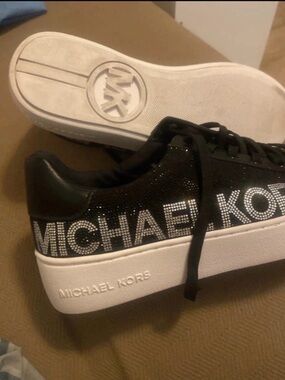Michael Kors Black and White Crystal-Logo Platform Sneakers